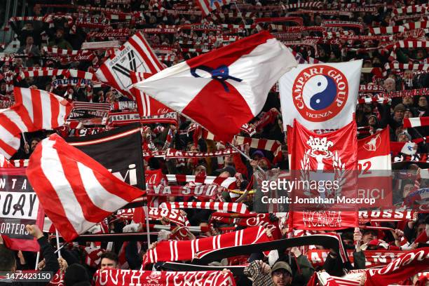 Vincenza fans cheer on their team during the Serie C Coppa Italia Final First Leg match between Juventus Next Gen and Vicenza at Allianz Stadium on...