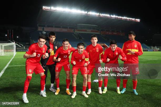 Players of China celebrate after winning the AFC U20 Asian Cup Uzbekistan 2023 Group D match against Kyrgyzstan at JAR Stadium on March 9, 2023 in...