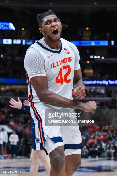 Dain Dainja of the Illinois Fighting Illini reacts after getting fouled and making a basket during the second half of a Big Ten Men's Basketball...