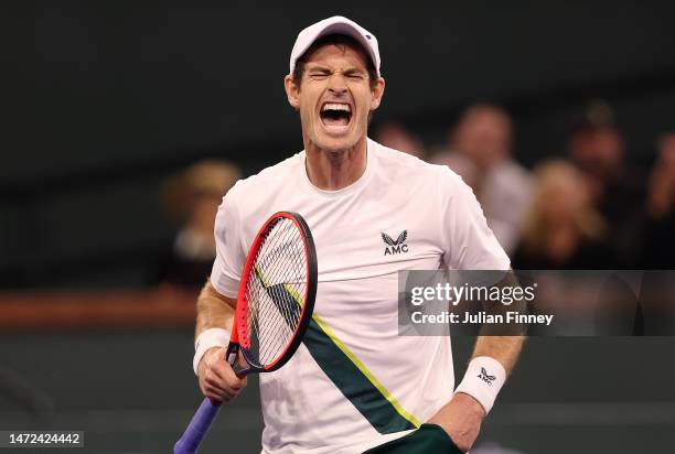 Andy Murray of Great Britain celebrates defeating Tomas Martin Etcheverry of Argentina during the BNP Paribas Open on March 09, 2023 in Indian Wells,...