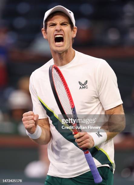 Andy Murray of Great Britain celebrates in his match against Tomas Martin Etcheverry of Argentina during the BNP Paribas Open on March 09, 2023 in...