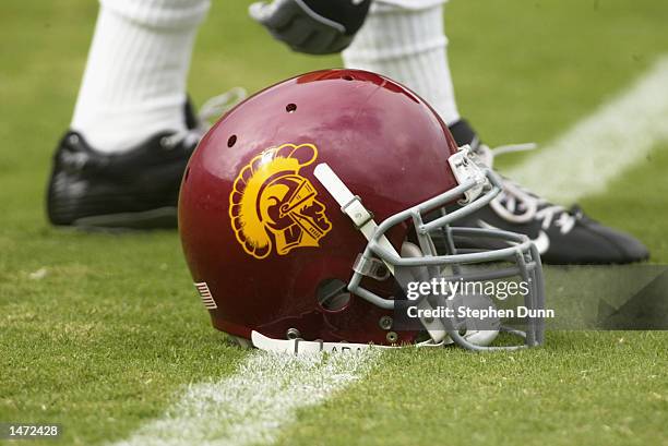 Detail of the helmet of a USC Trojan as he stretches before the Pacific 10 Conference football game against the Oregon State Beavers on September 28,...