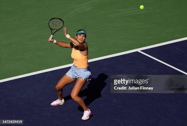 Emma Raducanu of Great Britain in action against Danka Kovinic of Montenegro in the first round during the BNP Paribas Open on March 09, 2023 in...