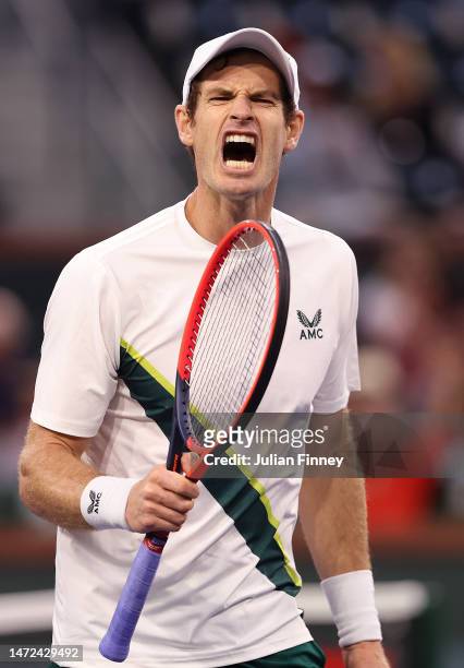 Andy Murray of Great Britain celebrates in his match agains Tomas Martin Etcheverry of Argentina during the BNP Paribas Open on March 09, 2023 in...