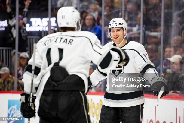 Gabriel Vilardi of the Los Angeles Kings celebrates after scoring a goal in the first period fo the game against the Colorado Avalanche at Ball Arena...