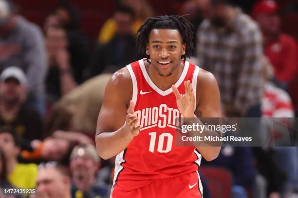 Brice Sensabaugh of the Ohio State Buckeyes reacts against the Iowa Hawkeyes in the second half of the second round in the Big Ten Tournament at...