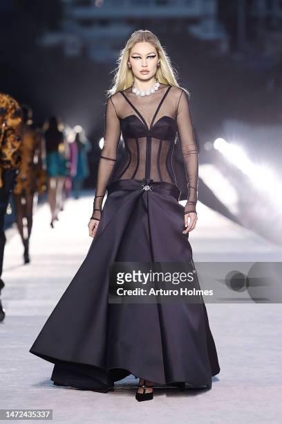 Gigi Hadid walks the runway during the Versace FW23 Show at Pacific Design Center on March 09, 2023 in West Hollywood, California.