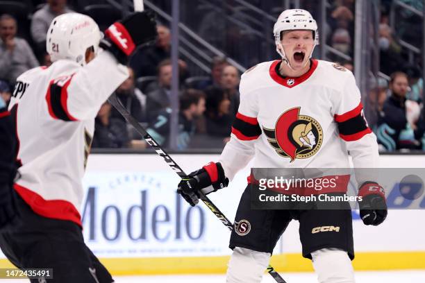 Patrick Brown of the Ottawa Senators celebrates his goal against the Seattle Kraken during the first period at Climate Pledge Arena on March 09, 2023...