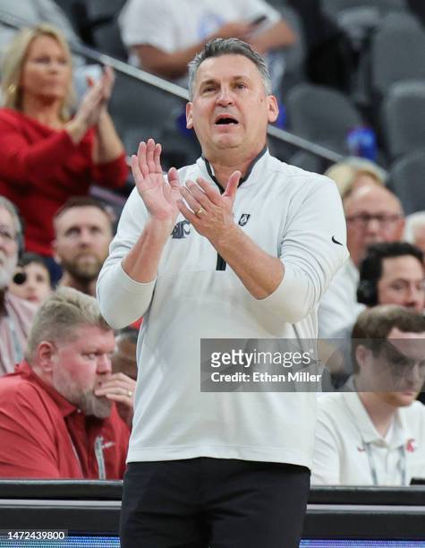 Head coach Kyle Smith of the Washington State Cougars reacts in the second half of a quarterfinal game of the Pac-12 basketball tournament against...