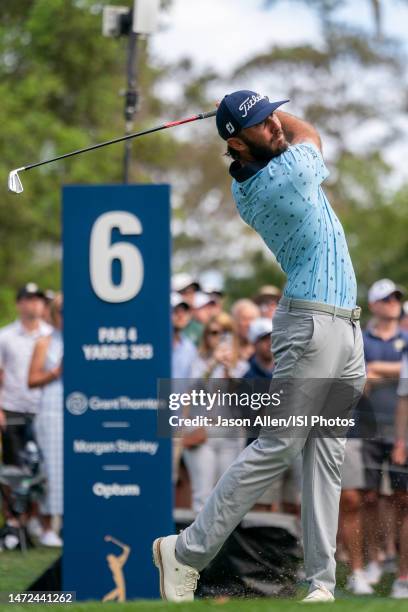 Max Homa of the United States hits his tee shot from the sixth tee during the first round of THE PLAYERS Championship on THE PLAYERS Stadium Course...