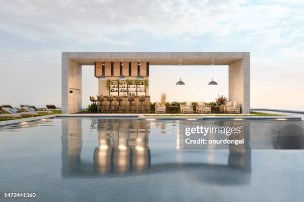 luxury pool bar with armchairs, stools and lounge chairs - beach hotel imagens e fotografias de stock