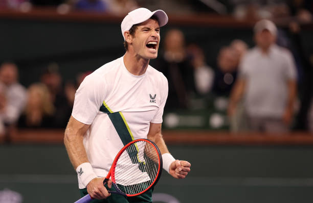 Andy Murray of Great Britain celebrates in his match agains Tomas Martin Etcheverry of Argentina during the BNP Paribas Open on March 09, 2023 in...