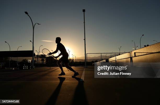 Nikola Mektic of Croatia warms up during the BNP Paribas Open on March 09, 2023 in Indian Wells, California.