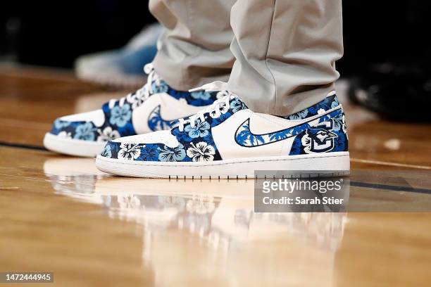Detail of the Nike sneakers worn by head coach Greg McDermott of the Creighton Bluejays during the first half against the Villanova Wildcats in the...