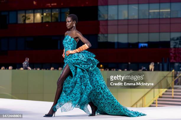 Model walks the runway during the Versace Fall/Winter 2023 fashion show at Pacific Design Center on March 09, 2023 in West Hollywood, California.