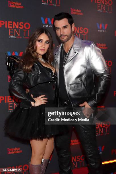 Dulce María and David Zepeda poses for photos during the presentation of the soap opera 'Pensando En Ti' at Centro Cultural Roberto Cantoral on March...