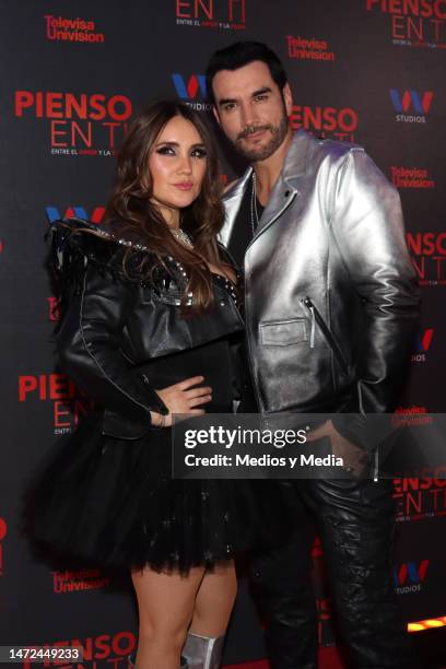 Dulce María and David Zepeda poses for photos during the presentation of the soap opera 'Pensando En Ti' at Centro Cultural Roberto Cantoral on March...