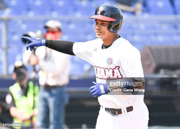 Rubén Tejada of Team Panama hits a 2 run homerun to tie the game at the bottom of the 2nd inning during the World Baseball Classic Pool A game...