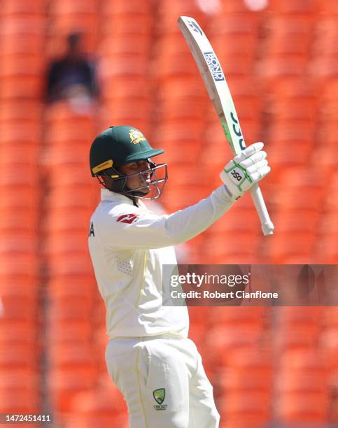 Usman Khawaja of Australia celebrates after scoring 150 runs during day two of the Fourth Test match in the series between India and Australia at...