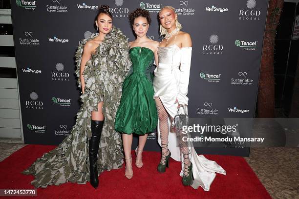 Bonney Gabriel, Bailey Bass, and Tati Gabrielle attend RCGD Global Pre-Oscars annual celebration at Eveleigh on March 09, 2023 in West Hollywood,...