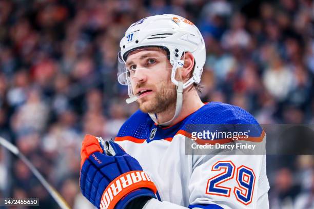 Leon Draisaitl of the Edmonton Oilers looks on during a second period stoppage in play against the Winnipeg Jets at the Canada Life Centre on March...