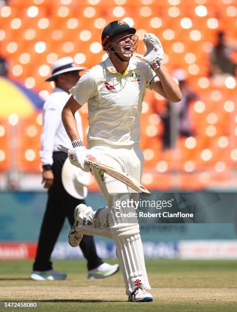 Cameron Green of Australia celebrates after scoring his century during day two of the Fourth Test match in the series between India and Australia at...
