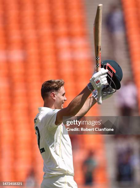 Cameron Green of Australia celebrates after scoring his century during day two of the Fourth Test match in the series between India and Australia at...