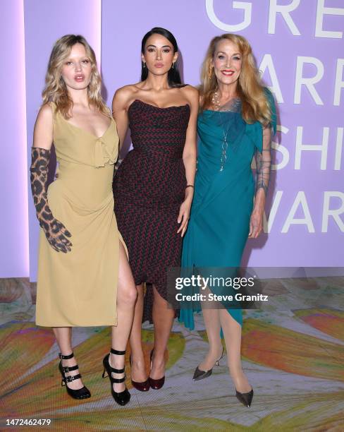 Georgia May Jagger, Cora Corre, Jerry Hall arrives at the 2023 Green Carpet Fashion Awards at NeueHouse Hollywood on March 09, 2023 in Hollywood,...