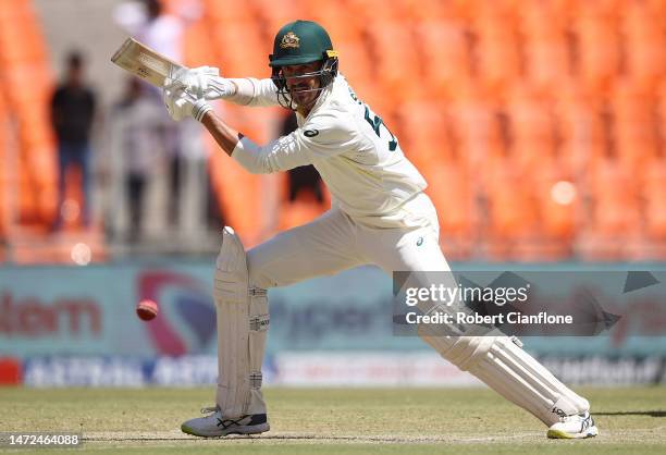 Mitchell Starc of Australia bats during day two of the Fourth Test match in the series between India and Australia at Narendra Modi Stadium on March...