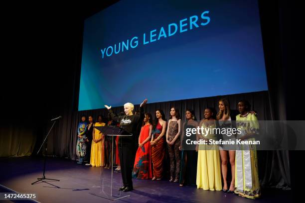 Annie Lennox and the Young Leaders speak onstage at the Green Carpet Fashion Awards 2023 on March 09, 2023 in Los Angeles, California.