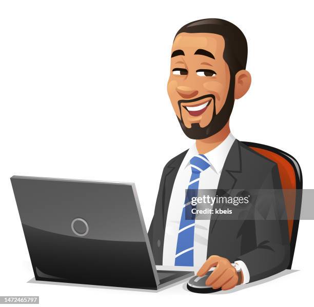 young businessman with beard using laptop - smiling-man-at-computer stock illustrations