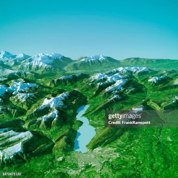 lake annecy topographic map 3d view color - lake annecy stock pictures, royalty-free photos & images