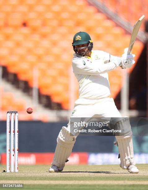 Nathan Lyon of Australia bats during day two of the Fourth Test match in the series between India and Australia at Narendra Modi Stadium on March 10,...