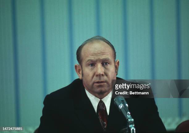 Colonel Alexei Leonov , Soviet Commander of the Soyuz spacecraft for the upcoming Apollo-Soyuz Test Mission, pictured at a press conference at the...