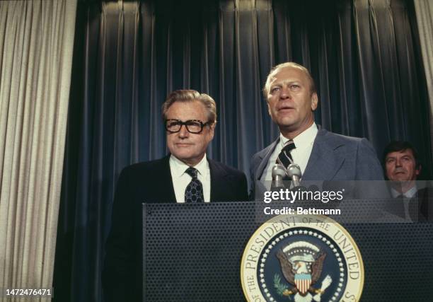 President Gerald Ford announces at the White House in Washington that Nelson Rockefeller is to become the new Vice President on August 20th, 1974.