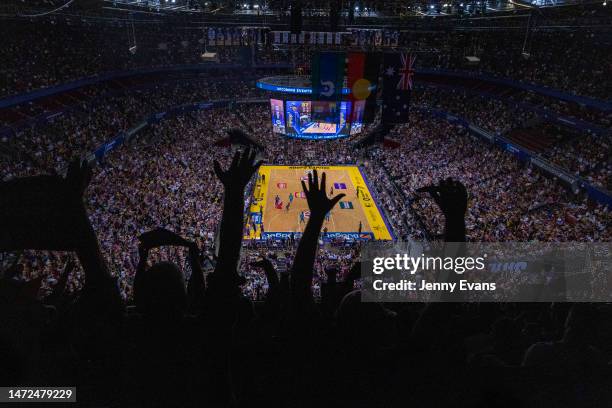 Fans cheer as the Kings score during game three of the NBL Grand Final series between Sydney Kings and New Zealand Breakers at Qudos Bank Arena, on...