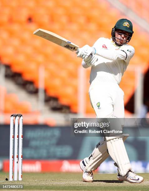 Todd Murphy of Australia bats during day two of the Fourth Test match in the series between India and Australia at Narendra Modi Stadium on March 10,...