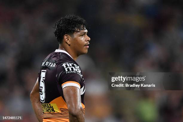 Selwyn Cobbo of the Broncos looks on during the round two NRL match between the Brisbane Broncos and the North Queensland Cowboys at Suncorp Stadium...