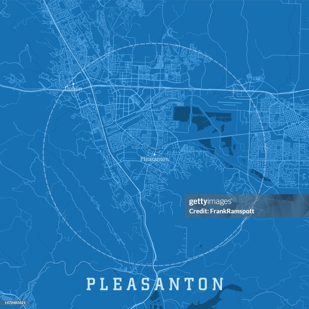 Pleasanton CA City Vector Road Map Blue Text