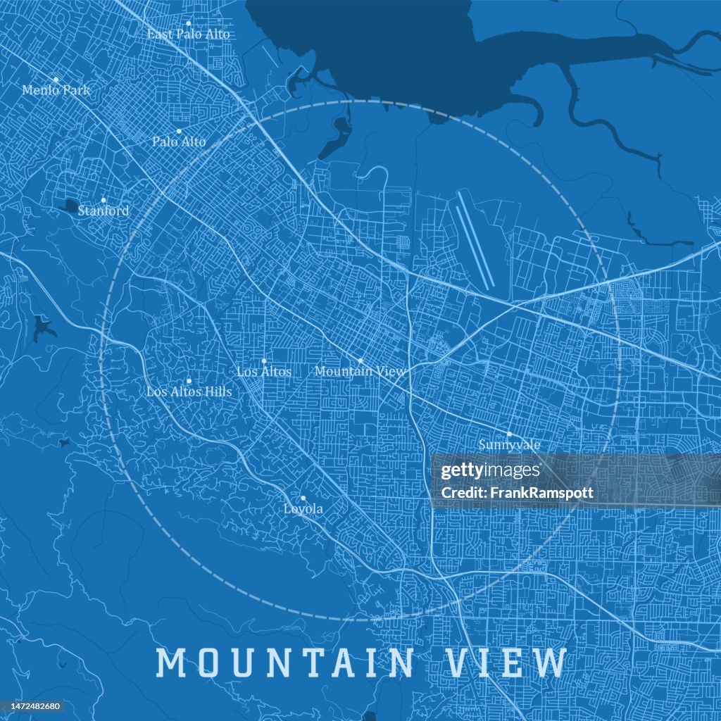 Mountain View CA City Vector Road Map Blue Text