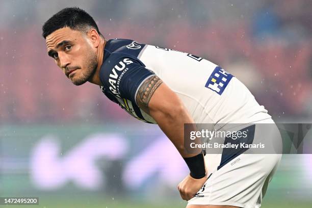 Valentine Holmes of the Cowboys looks on during the round two NRL match between the Brisbane Broncos and the North Queensland Cowboys at Suncorp...