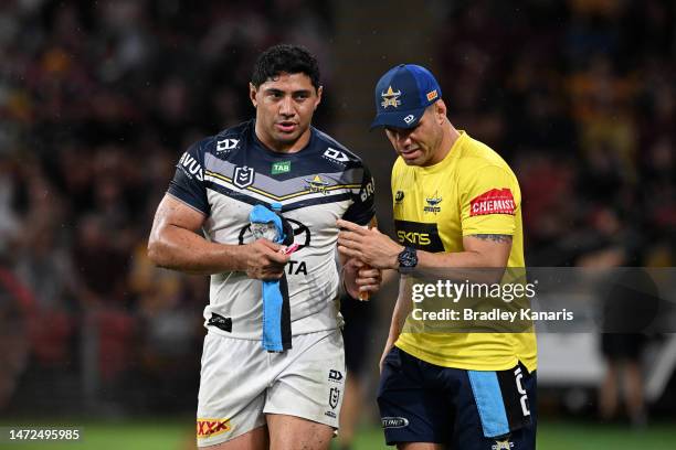 Jason Taumalolo of the Cowboys looks on during the round two NRL match between the Brisbane Broncos and the North Queensland Cowboys at Suncorp...