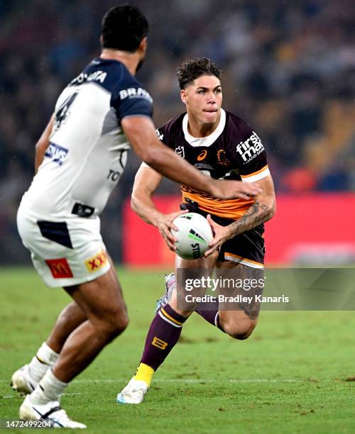 Reece Walsh of the Broncos in action during the round 2 NRL match between the Brisbane Broncos and the North Queensland Cowboys at Suncorp Stadium on...