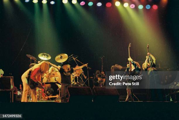 Allen Collins, Artimus Pyle, Ronnie Van Zant, Leon Wilkeson, Gary Rossington and Steve Gaines of American rock band Lynyrd Skynyrd perform on stage...