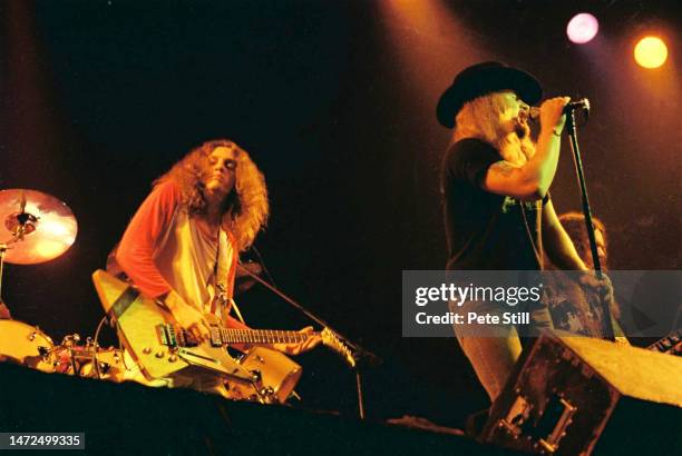 Allen Collins and Ronnie Van Zant of American rock band Lynyrd Skynyrd perform on stage at the Apollo Theatre on February 9th, 1977 in Glasgow,...