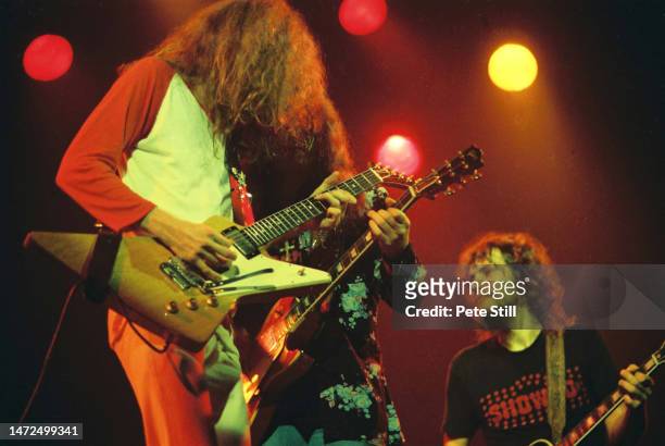 Allen Collins, Gary Rossington and Steve Gaines of American rock band Lynyrd Skynyrd perform on stage at the Apollo Theatre on February 9th, 1977 in...