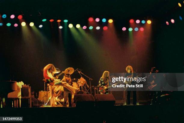 Allen Collins, Ronnie Van Zant, Gary Rossington, Steve Gaines and Leon Wilkeson of American rock band Lynyrd Skynyrd perform on stage at the Apollo...