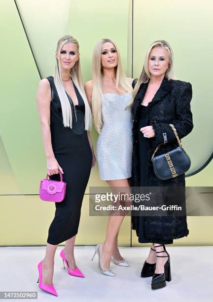 Nicky Hilton Rothschild, Paris Hilton and Kathy Hilton attend the Versace FW23 Show at Pacific Design Center on March 09, 2023 in West Hollywood,...