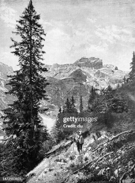 the western karwendelspitze and the kirchlekar - hiking across the karwendel mountain range stock illustrations