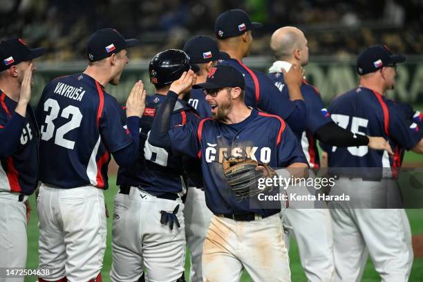 Czech Republic players celebrate the team's victory in the World Baseball Classic Pool B game between Czech Republic and China at Tokyo Dome on March...